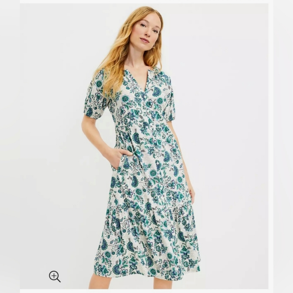 Loft, Blue Midi Garden Dress, Size Large